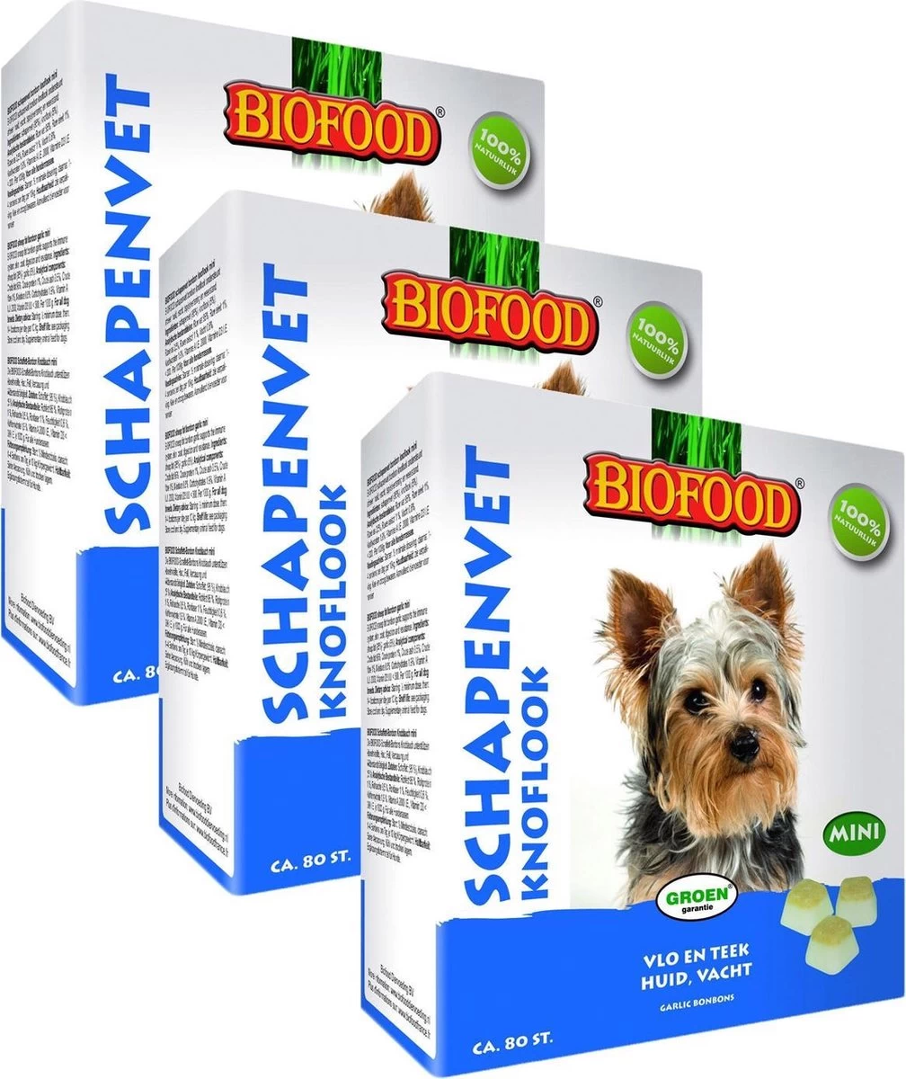 Biofood Mini Schapenvetbonbons Met Knoflook - Hond - Voedingssupplement - 3 X 80 Bonbons