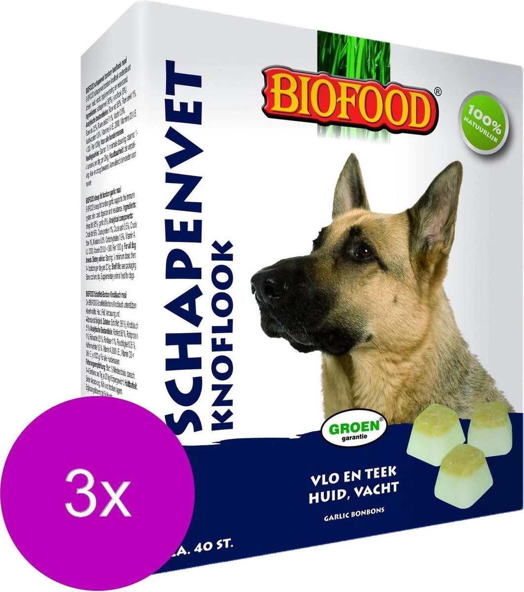 Biofood Schapenvetbonbons Met Knoflook - Hond - Voedingssupplement - 3 X 40 Bonbons