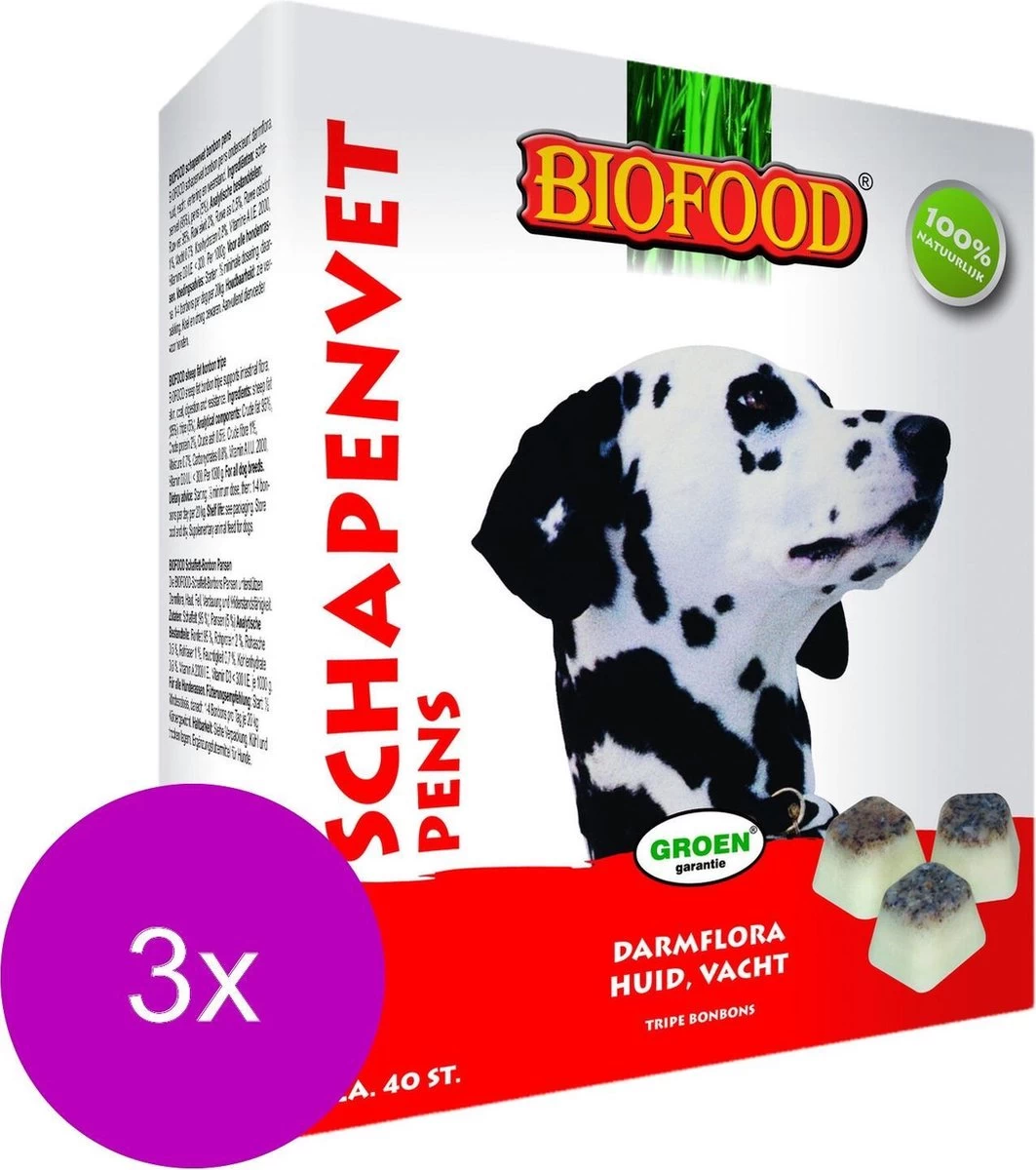 Biofood Schapenvet Bonbons Met Pens - Hond - Voedingssupplement - 3 X 40 Bonbons