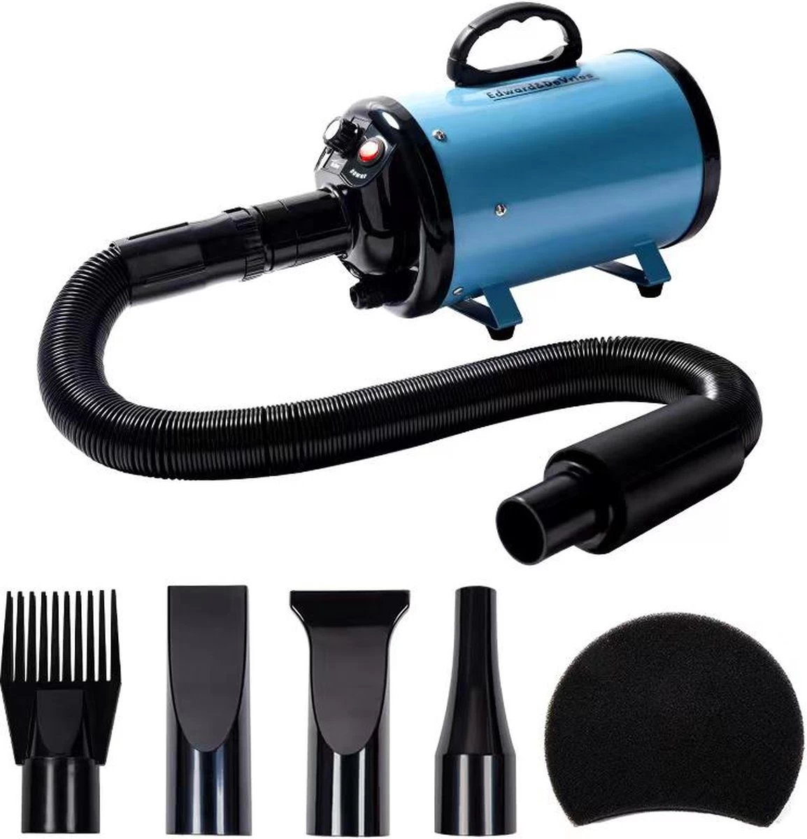 Merkloos Edward&DeVries Professionele Hondenföhn Met 4 Opzetstukken – Waterblazer Voor Honden – Stil Design – Krachtig + Extra Filter & Droogdoek - Blauw - Afbeelding 4