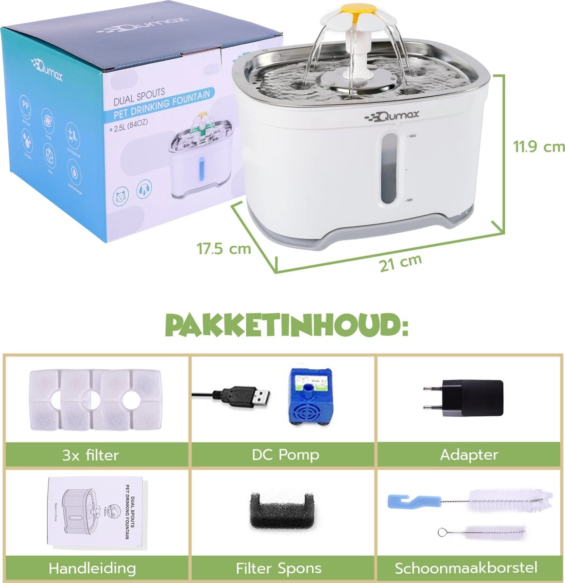 Qumax RVS Drinkfontein Voor Kat Met 3 Filters & Matje - Water Fontein - Waterdispenser - Waterautomaat - 2,5 L - Afbeelding 8