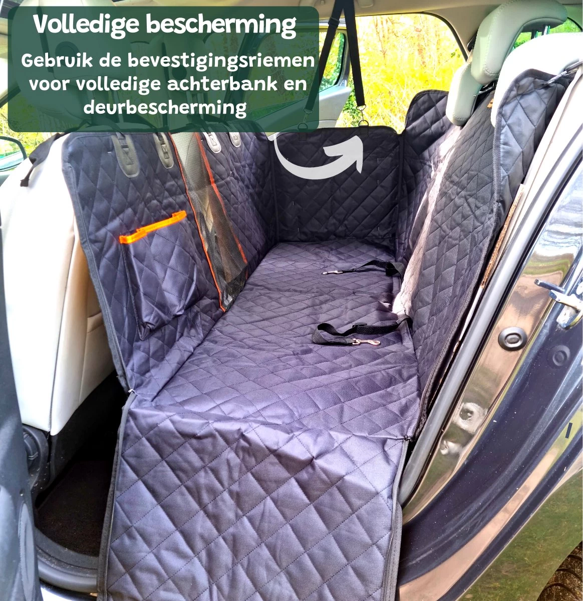 Premium Hondendeken Auto Achterbank Kijkvenster - Incl 2 Hondenriemen En E-Book - Autodeken Hond - Autobench Voor Hond - Zwart Oranje - Afbeelding 5