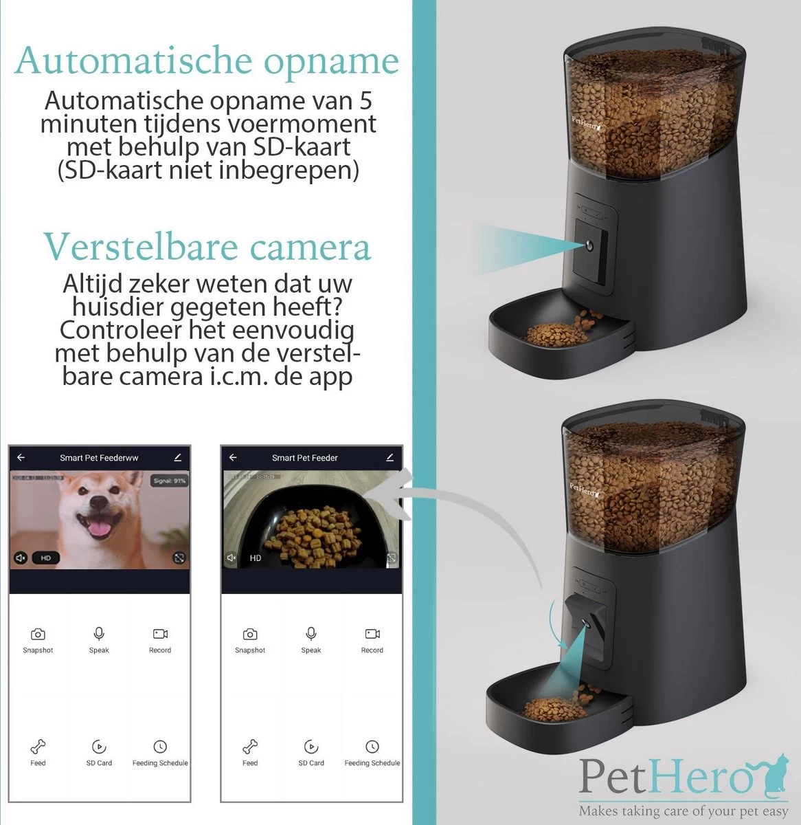 PetHero 3 Voerautomaat Zwart - Verstelbare Camera - Smartphone Besturing - Automatische Voerbak Voor Kat Of Hond - 6.0 L - Afbeelding 3