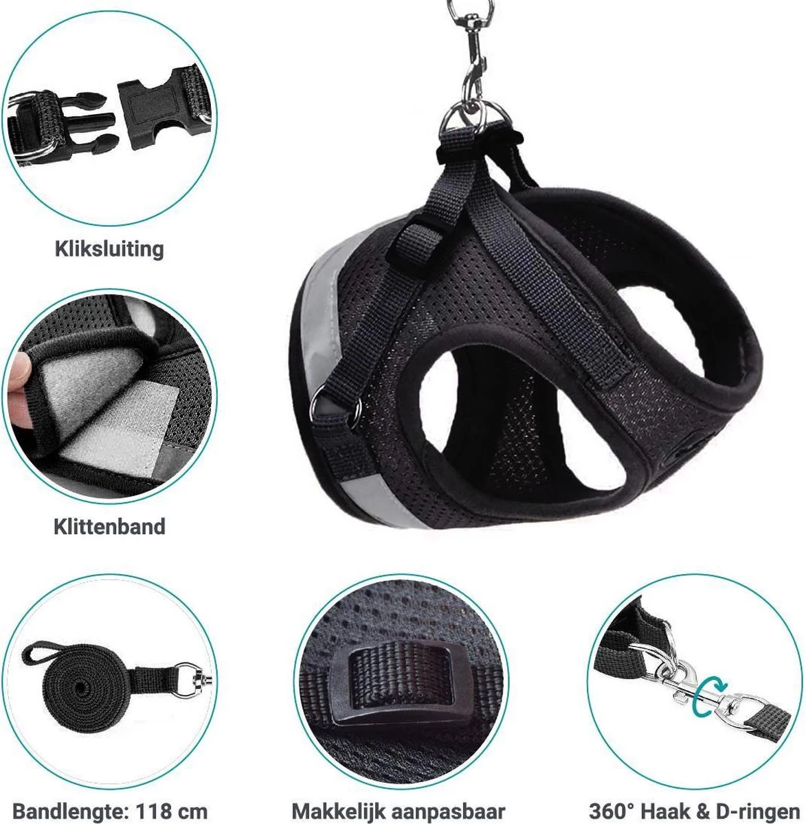 Hondentuig, Hondenharnas Met Hondenriem – Reflecterend - Zwart – Maat M (borst 35-40 Cm) - Afbeelding 6