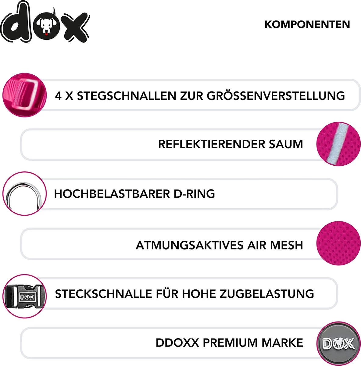 DDOXX Hondenharnas, Reflecterend, Verstelbaar, Breakaway | Borstharnas Voor Klein, Middelgroot | Hondenharnas Hond Kat Puppy Auto | Kattenharnas Puppy Harnas | Roze Roze, S - Afbeelding 3