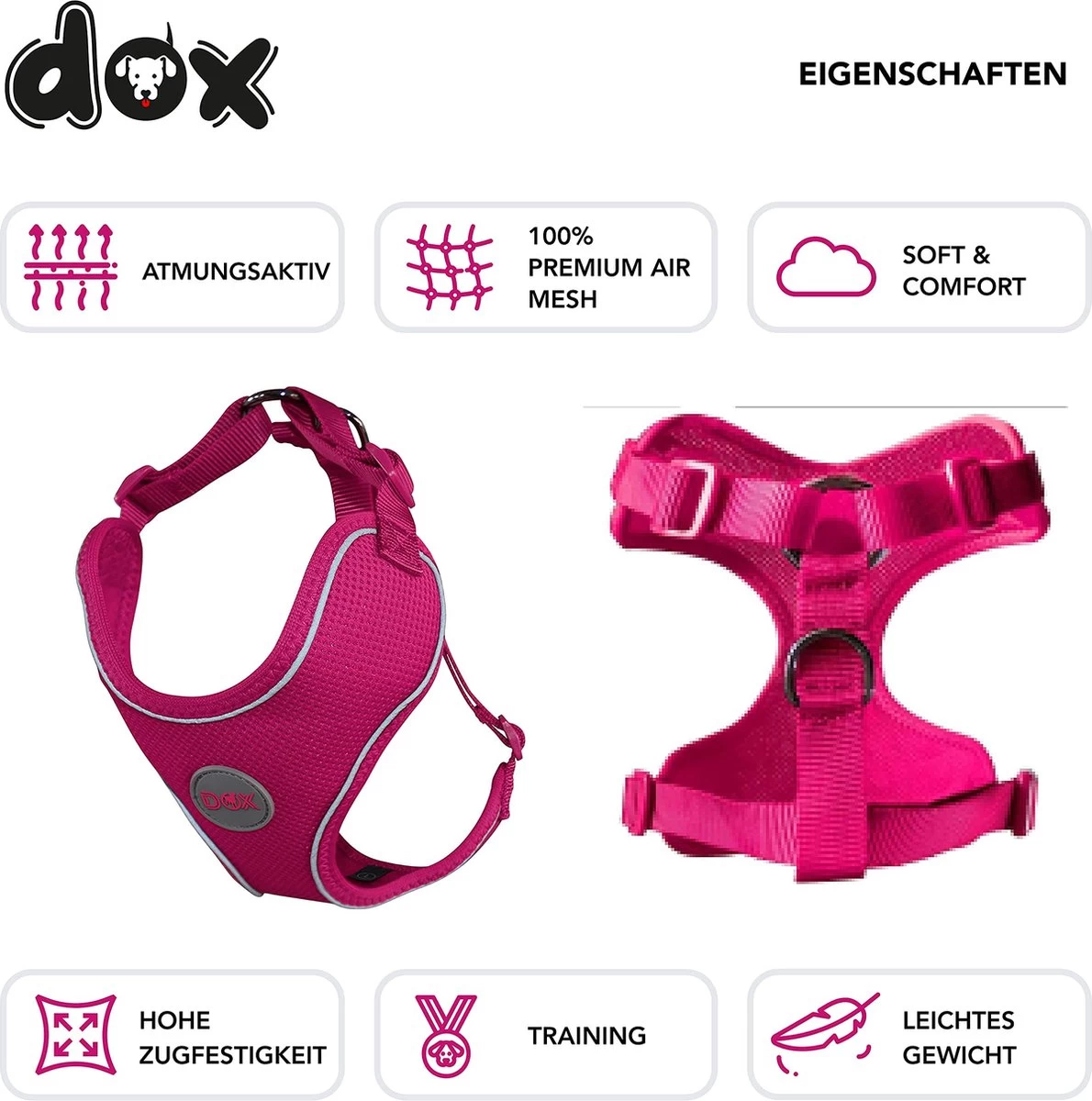 DDOXX Hondenharnas, Reflecterend, Verstelbaar, Breakaway | Borstharnas Voor Klein, Middelgroot | Hondenharnas Hond Kat Puppy Auto | Kattenharnas Puppy Harnas | Roze Roze, S - Afbeelding 5