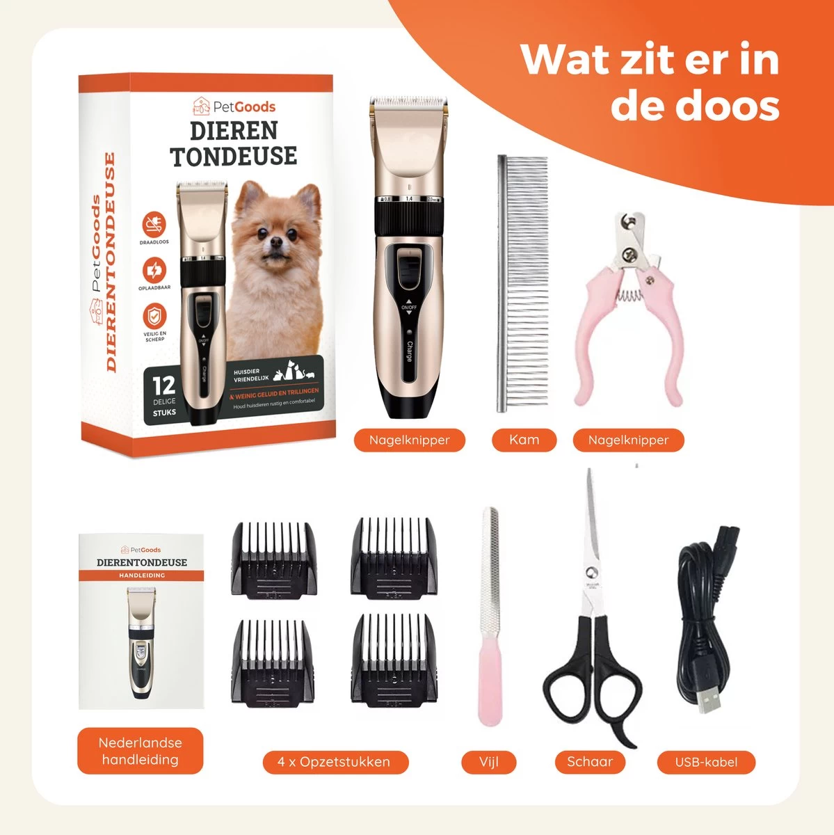 PetGoods Hondentondeuse - 10 Delige Set - Katten & Honden - Draadloos - Low Noise - Incl. Schaar, Nagelknipper, Vijl & Kam - Afbeelding 4