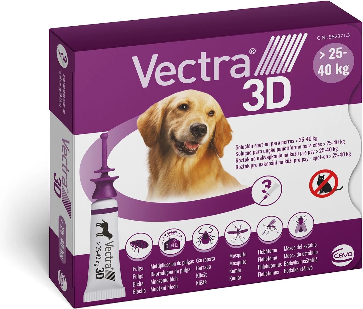 VECTRA 3D Hond - 25 Tot 40 Kg - Anti Vlooien- En Tekendruppels - 3 Pipetten