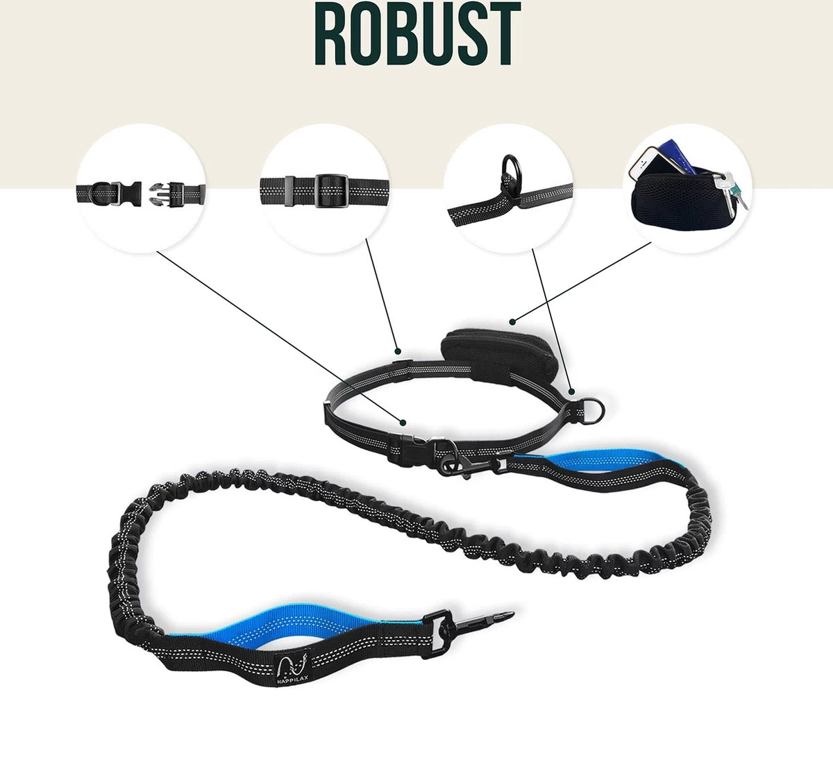 Happilax Joggingriem Voor Honden, Elastische En Reflecterende Hondenriem Voor Joggen Met Buikband, 100-160 Cm - Afbeelding 2