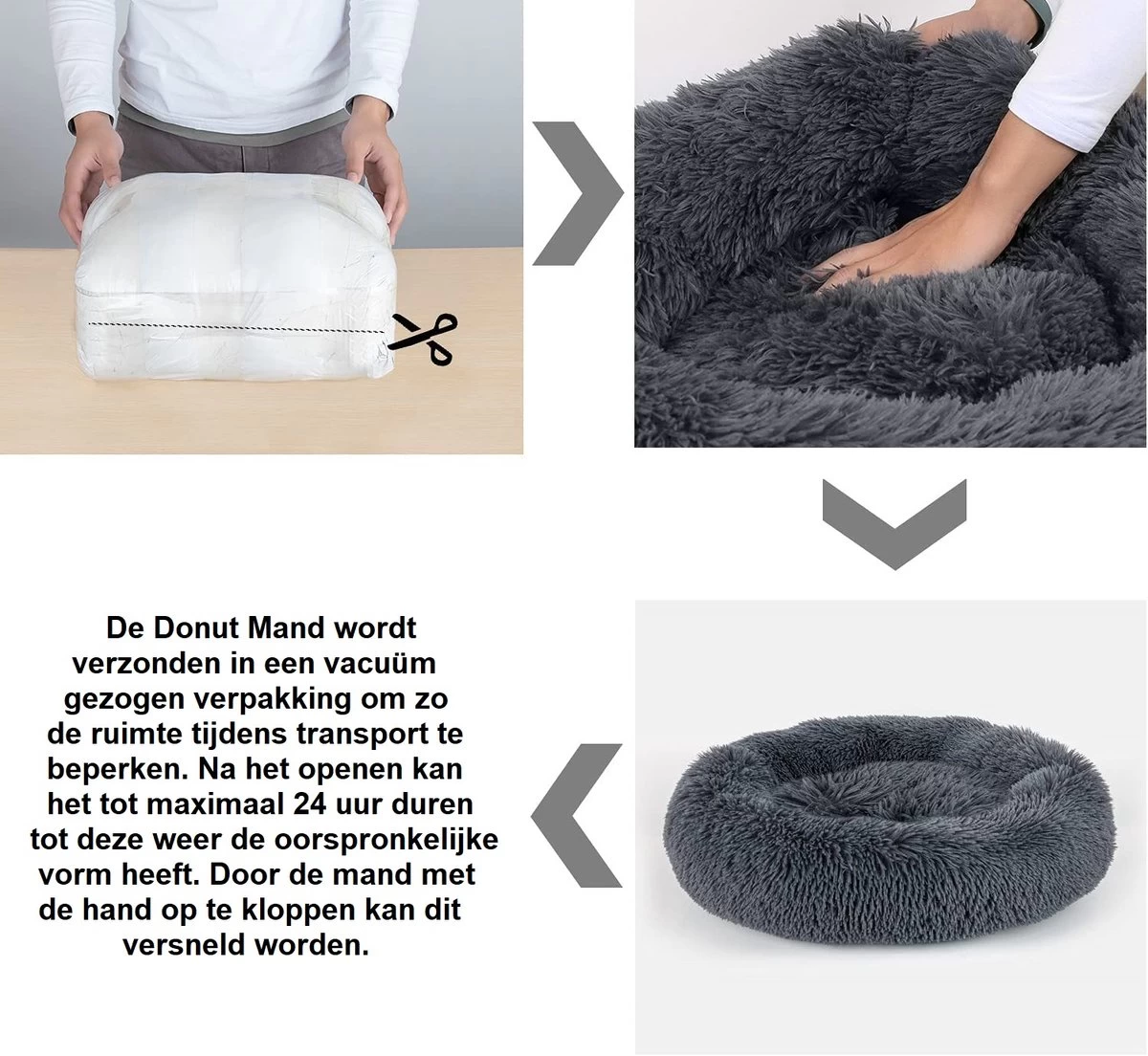 Hondenmand Donut – 60 Cm - Honden Mand – Pluche – Fluffy – Extra Zacht - Hondenkussen – Kattenkussen – Bed - Wasbaar Met Rits – Hondenmanden – Rond – Bank – Grijs - Qwality - Afbeelding 9