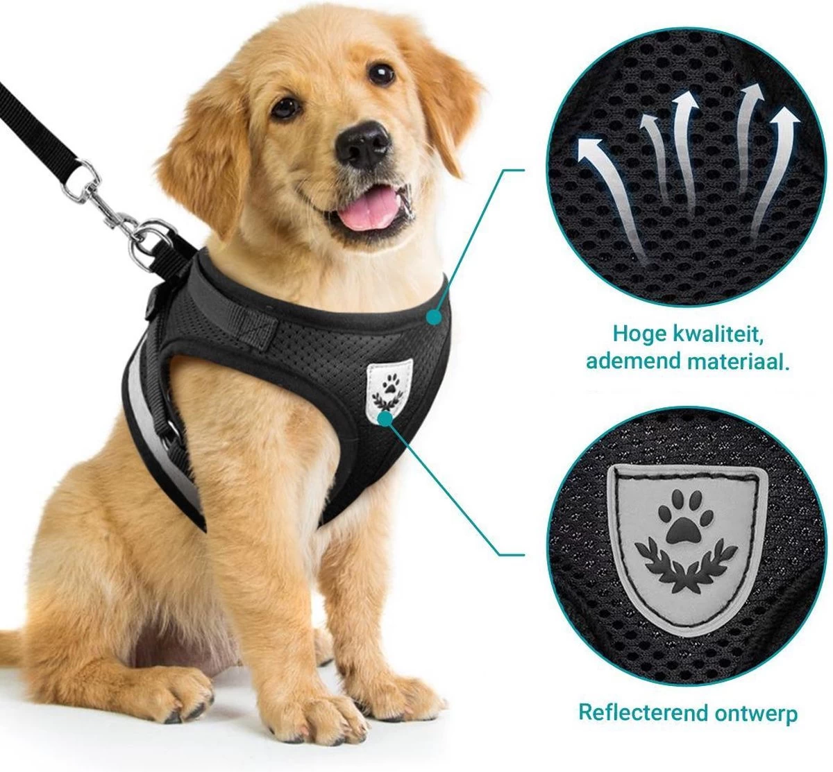 Hondentuig, Hondenharnas Met Hondenriem – Reflecterend - Zwart – Maat M (borst 35-40 Cm) - Afbeelding 5