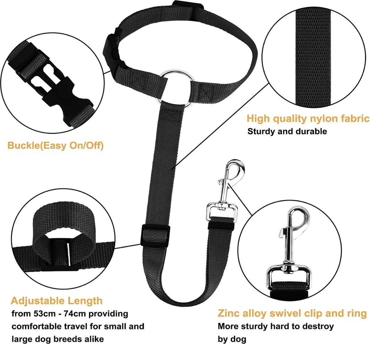 Merkloos Autogordel Voor Hond - Hondengordel Voor In De Auto – Verstelbare Hondengordel - Veiligheid Voor Hond – Hondenriem - Zwart - Afbeelding 3