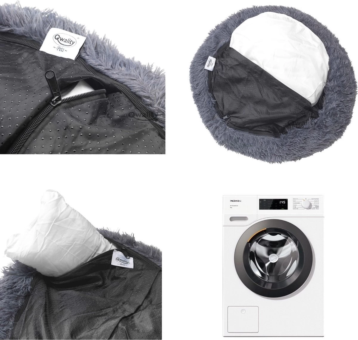 Hondenmand Donut – 60 Cm - Honden Mand – Pluche – Fluffy – Extra Zacht - Hondenkussen – Kattenkussen – Bed - Wasbaar Met Rits – Hondenmanden – Rond – Bank – Grijs - Qwality - Afbeelding 4