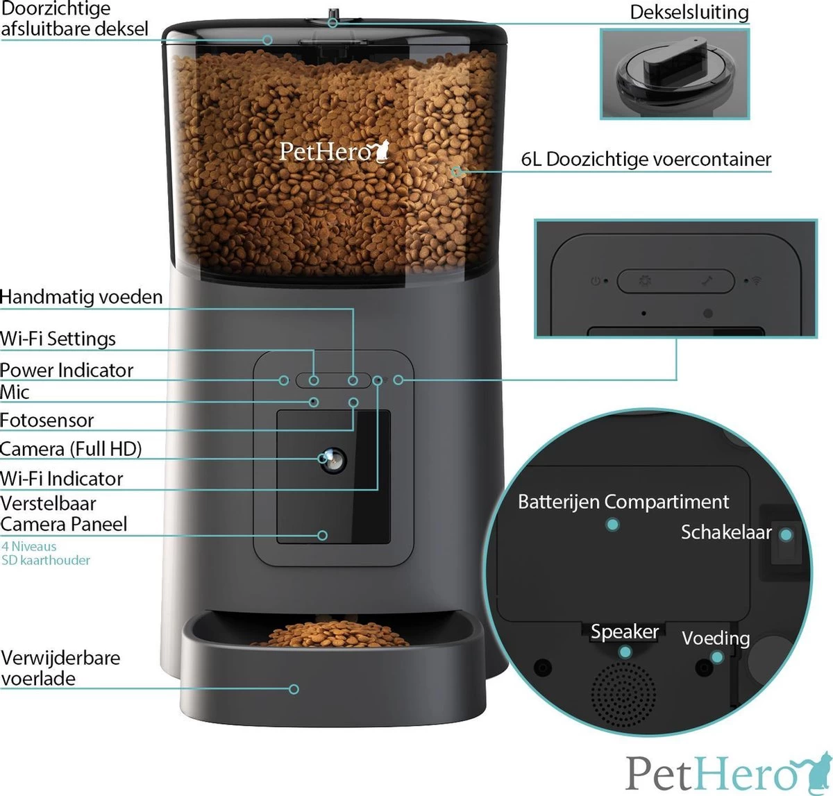 PetHero 3 Voerautomaat Zwart - Verstelbare Camera - Smartphone Besturing - Automatische Voerbak Voor Kat Of Hond - 6.0 L - Afbeelding 6