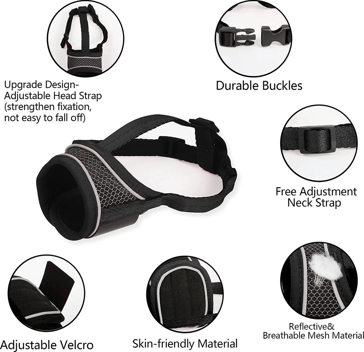 Merkloos Hoog Kwaliteit Muilkorf Met Bedrukt Patroon - Muilkorf Hond - Hondensnuit - Anti Blaf En Bijt - Voor Kleine En Grote Honden Maat M Zwart Reflecterend - Afbeelding 4