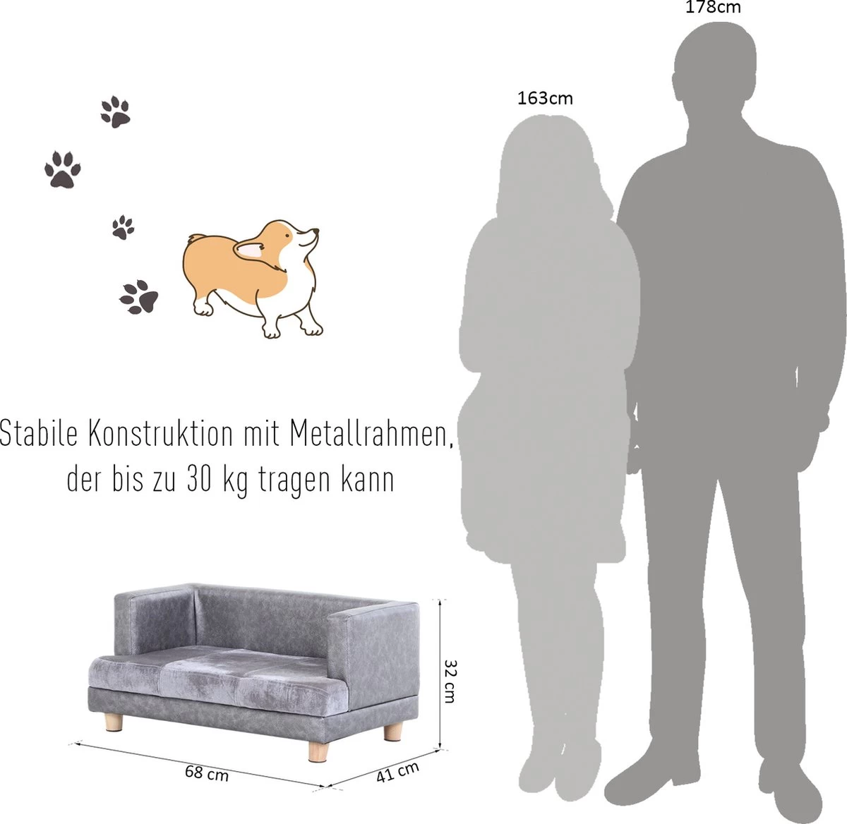 PawHut Hondenbank Huisdierbank Hondenbed Hondenmat Woonkamer PU-leer Kort Pluche Grijs D04-135 - Afbeelding 3