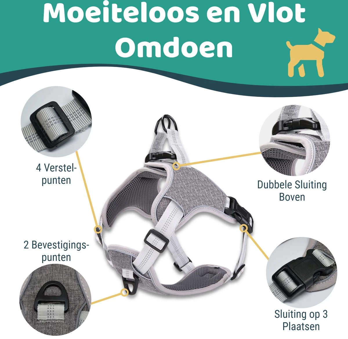 Mmoods Hondentuigje Grijs - Anti-Trek Tuig - Hondenharnas Voor Grote Honden- Reflecterende Halsband Hond - Hondenhalsband Maat L - Afbeelding 4
