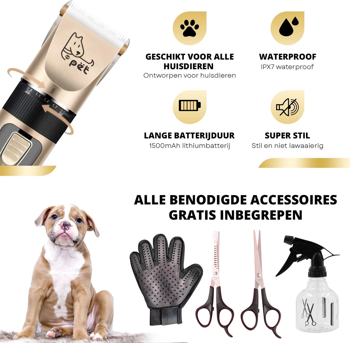 BeautyFit - 16-delig Hondentondeuse Set - Professionele Honden Trimset - Dieren Tondeuse Voor Dikke Vacht - Meest Complete Set - Inclusief 4 Opzetkammen - Hondenschaar - Mist Verstuiver - Handschoen Borstel - Nagelknipper - Afbeelding 3
