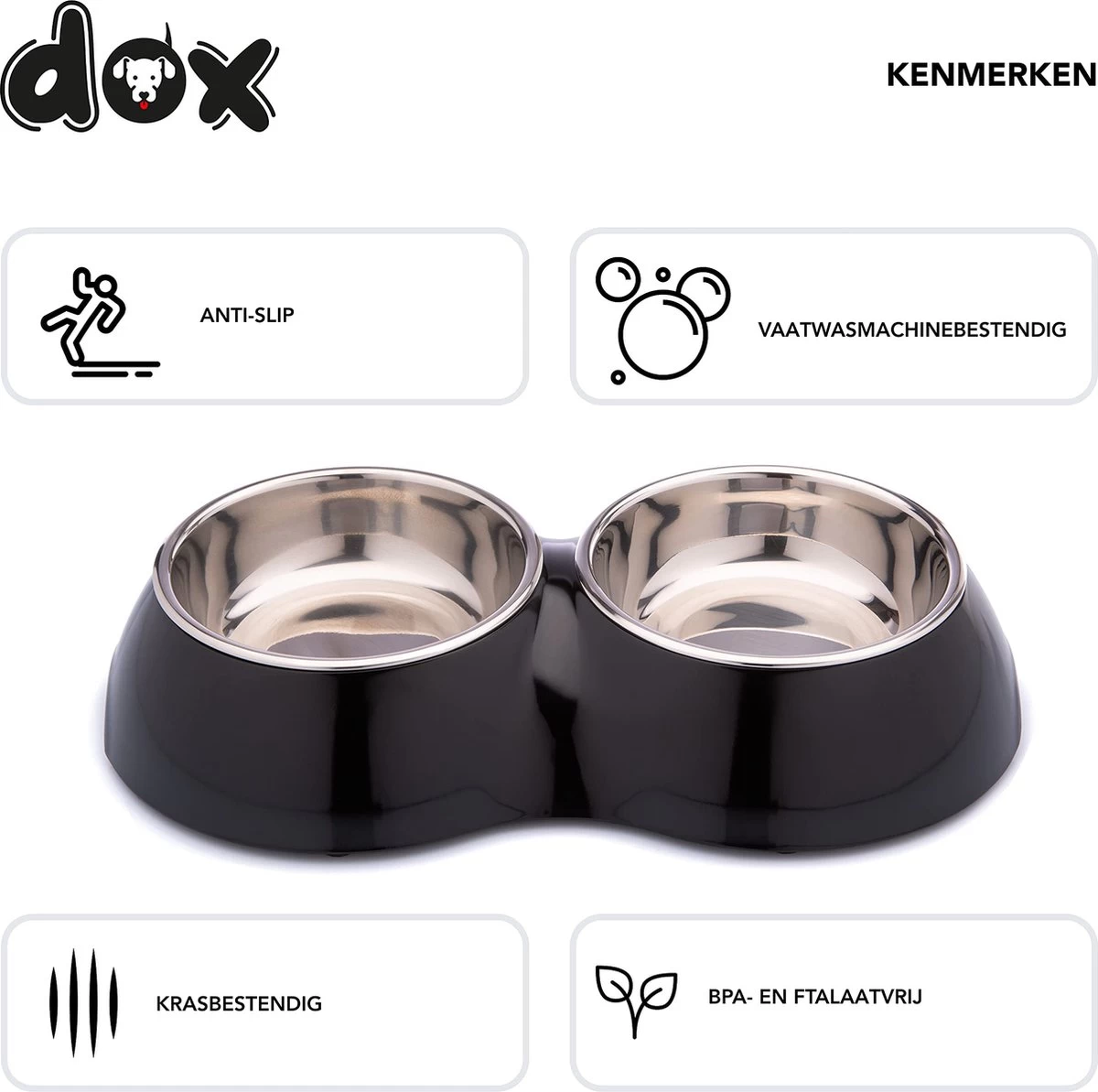 DDOXX Dubbele Voerbak, Antislip | Vele Kleuren & Maten | Voor Kleine & Grote Honden | Voerbak Kat Dubbel | Hondenbak Hond | Kattenbak Roestvrijstalen Bak | Melamine Bak | Zwart, 2 X 700 Ml - Afbeelding 2
