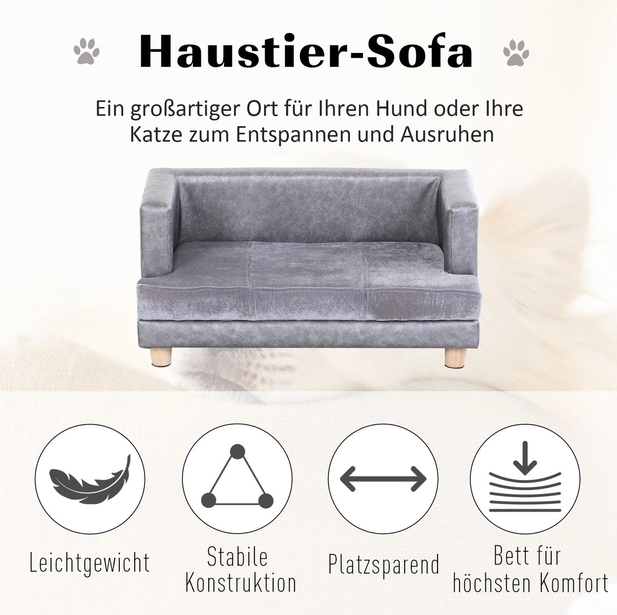 PawHut Hondenbank Huisdierbank Hondenbed Hondenmat Woonkamer PU-leer Kort Pluche Grijs D04-135 - Afbeelding 5