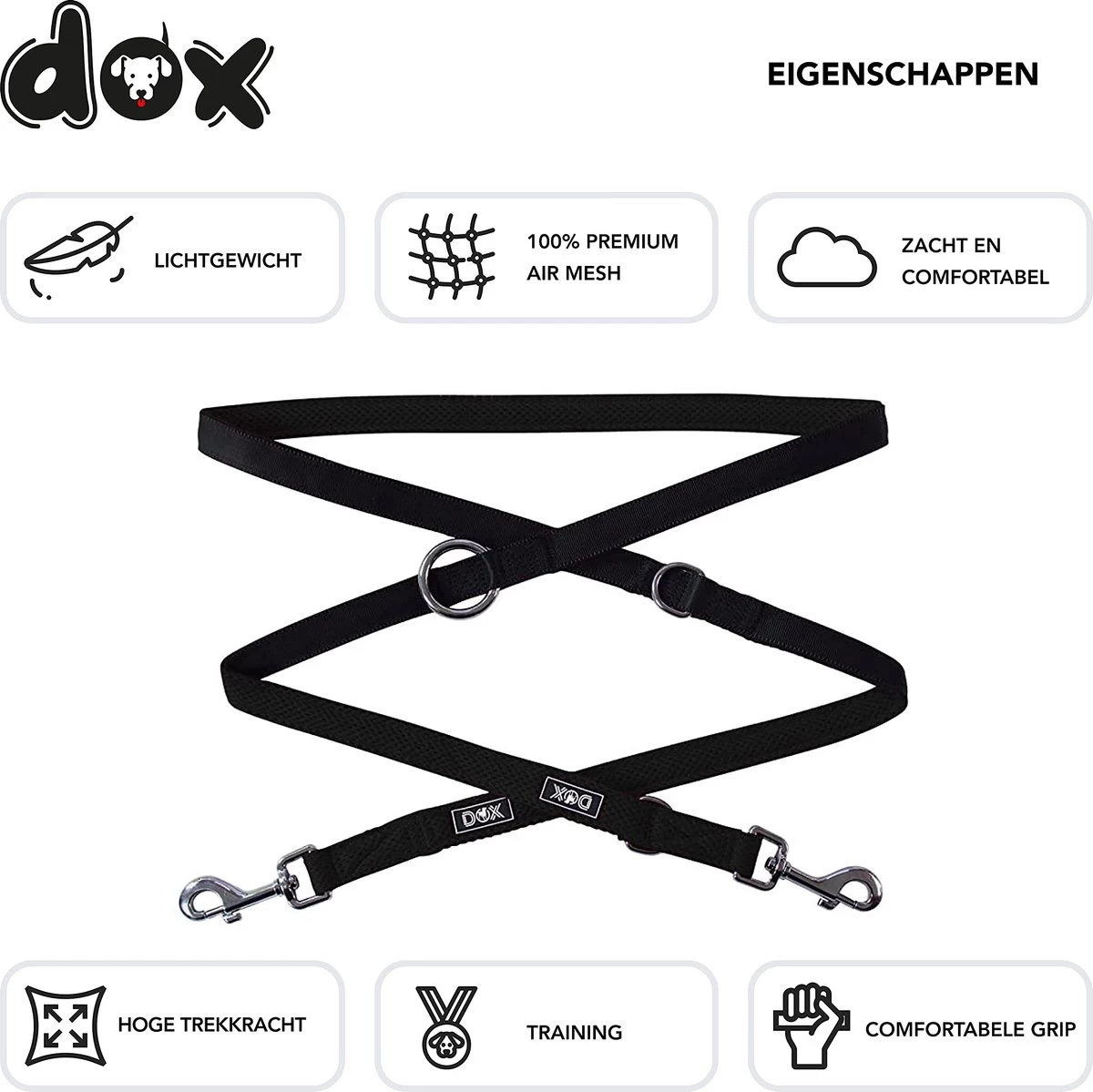 DDOXX Hondenriem Air Mesh, 3-voudig Verstelbaar, 2m | Voor Kleine & Grote Honden | Dubbele Riem Twee Honden Kat Puppy | Tug Leash Large | Lead Leash Small | Walking Leash Puppy Leash | Zwart, XS - Afbeelding 3