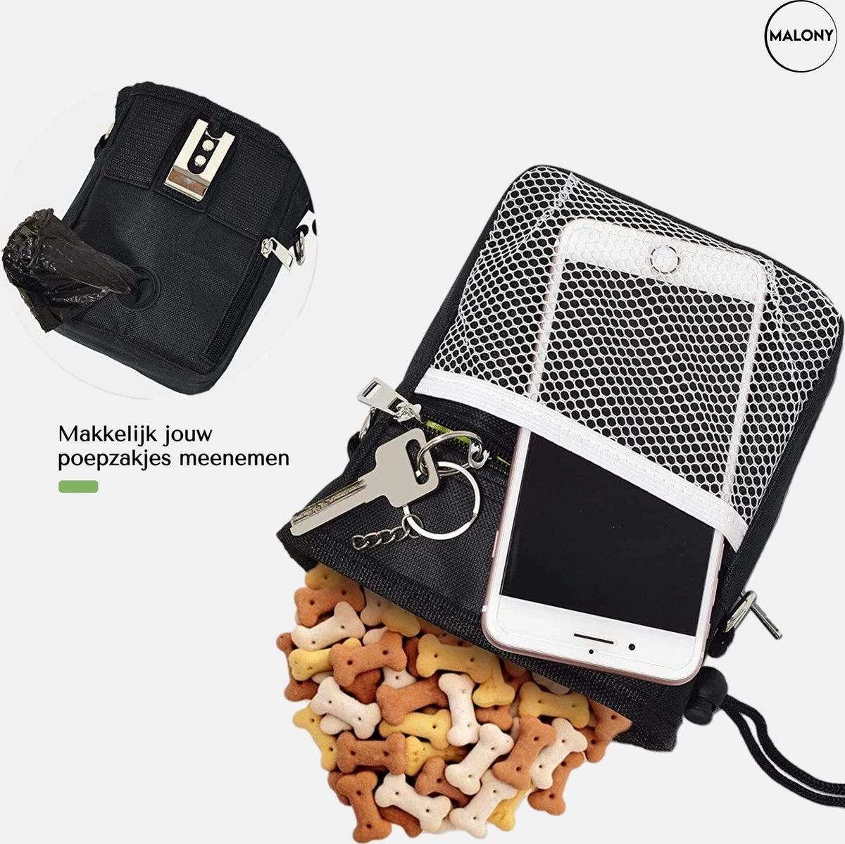 Malony Beloningstasje Voor Honden - Beloningszakje - Poepzakjes Dispenser - Verstelbare Riem - Nylon - Zwart - Afbeelding 9