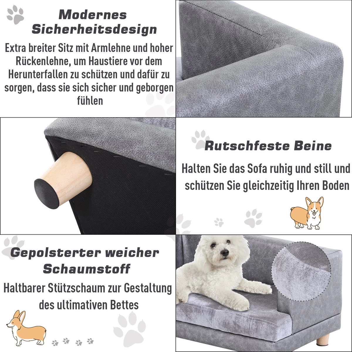 PawHut Hondenbank Huisdierbank Hondenbed Hondenmat Woonkamer PU-leer Kort Pluche Grijs D04-135 - Afbeelding 4