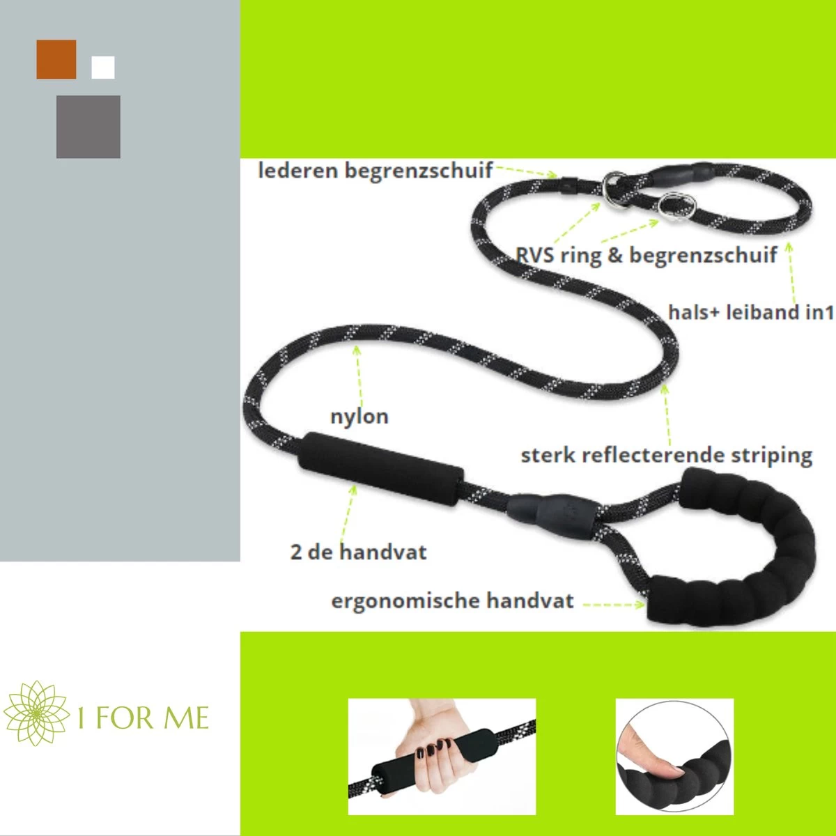 1FORME Hondenriem 15-25kg - Sliplijn Hond REFLECTEREND 2m, 1cm Ø - Jachtlijn 2 Ergonomische Handvaten - Dubbel Stop - Afbeelding 11