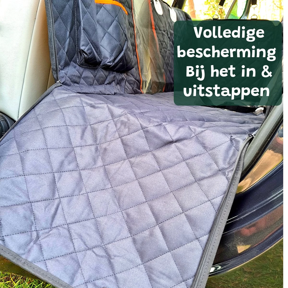 Premium Hondendeken Auto Achterbank Kijkvenster - Incl 2 Hondenriemen En E-Book - Autodeken Hond - Autobench Voor Hond - Zwart Oranje - Afbeelding 2