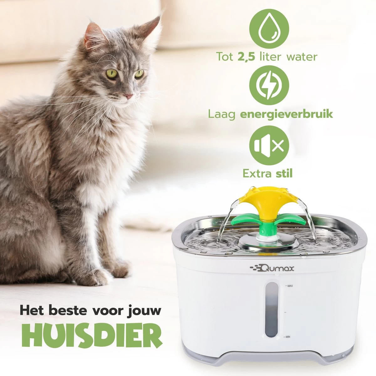 Qumax RVS Drinkfontein Voor Kat Met 3 Filters & Matje - Water Fontein - Waterdispenser - Waterautomaat - 2,5 L - Afbeelding 6