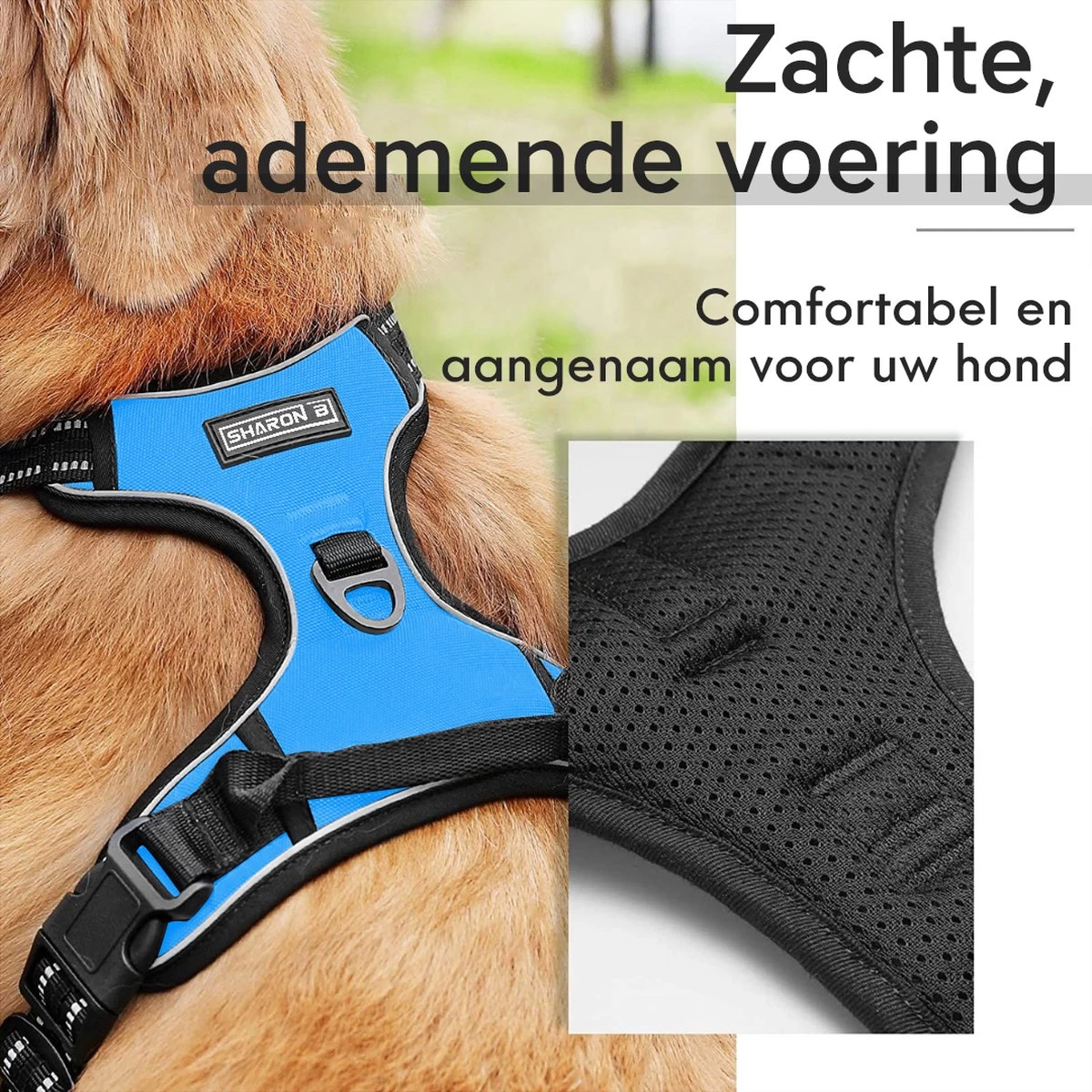 Sharon B - Hondentuigje - Voor Middelgrote Honden - Blauw - Maat M - No Pull Harnas - Anti Trek - Reflecterend - Hoeft Niet Over Het Hoofd Aangetrokken Te Worden - Afbeelding 5