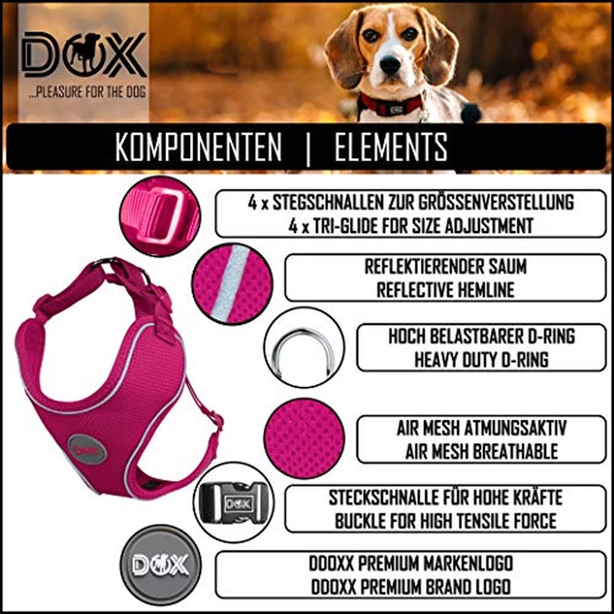 DDOXX Hondenharnas, Reflecterend, Verstelbaar, Breakaway | Borstharnas Voor Klein, Middelgroot | Hondenharnas Hond Kat Puppy Auto | Kattenharnas Puppy Harnas | Roze Roze, S - Afbeelding 2