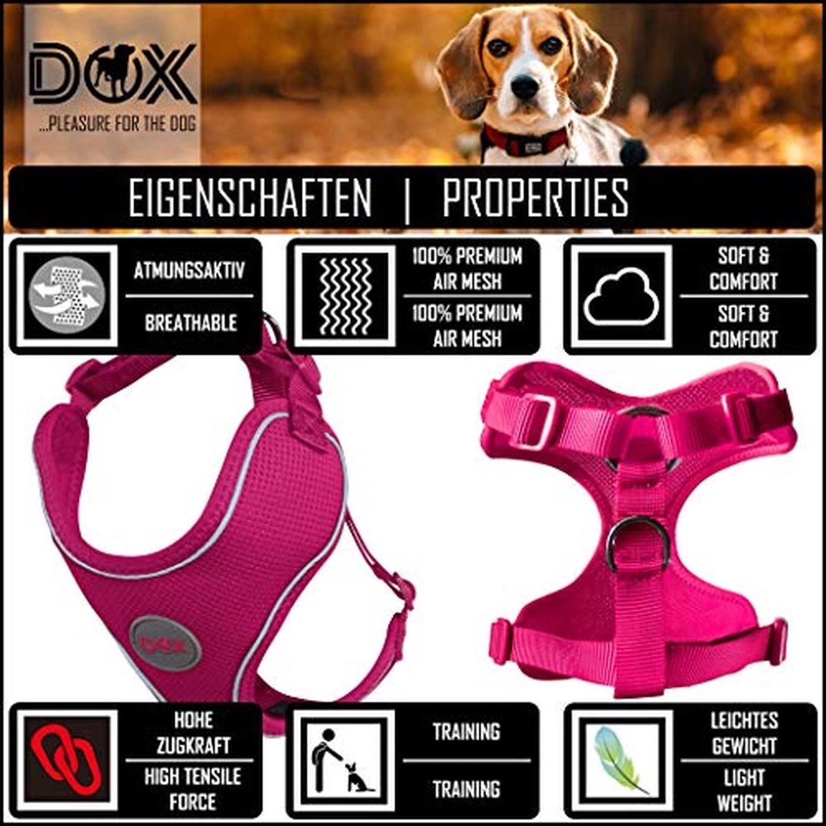 DDOXX Hondenharnas, Reflecterend, Verstelbaar, Breakaway | Borstharnas Voor Klein, Middelgroot | Hondenharnas Hond Kat Puppy Auto | Kattenharnas Puppy Harnas | Roze Roze, S - Afbeelding 4