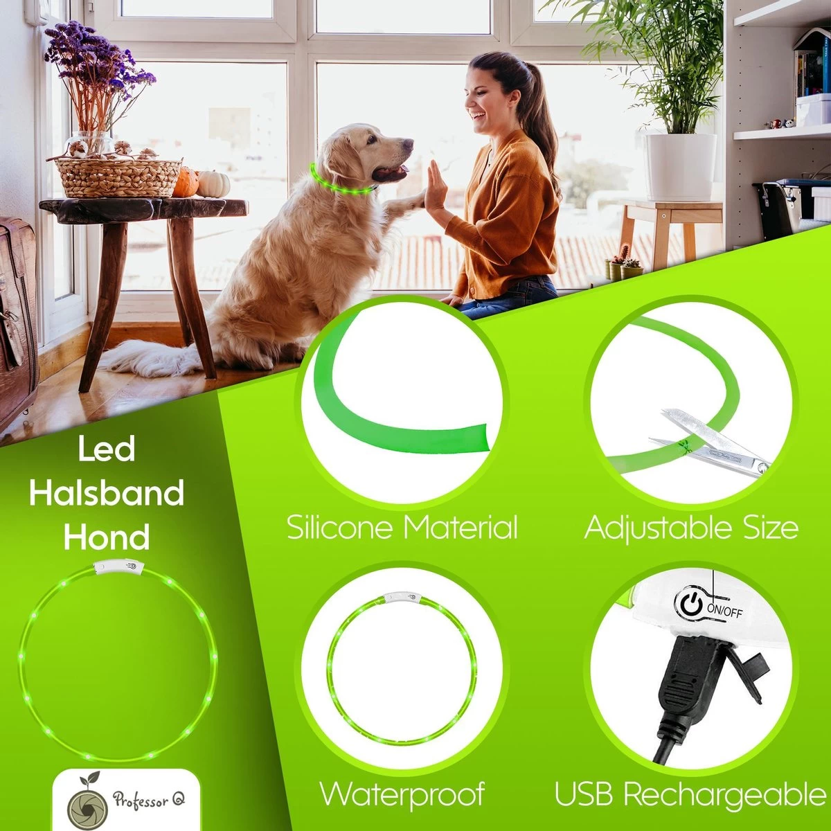 Groene LED Halsband Voor Honden Medium / Groen Verlichte Halsband / Lichtgevende Halsband Hond / Diverse Formaten Beschikaar! Oplaadbaar Via USB / USB Halsband LED - Afbeelding 2