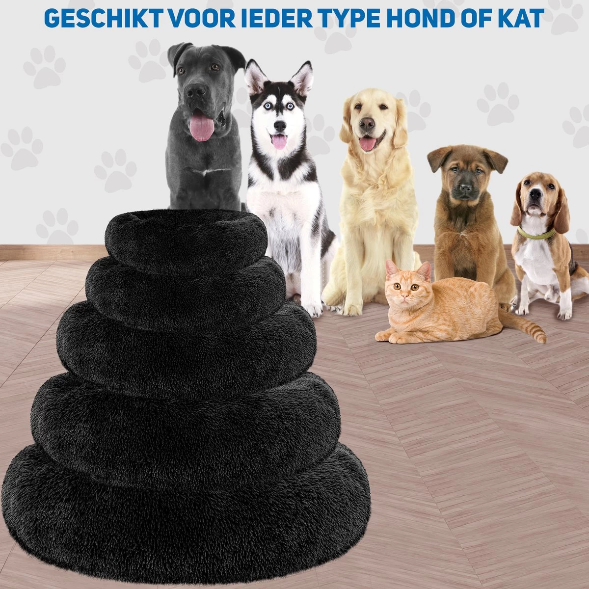 Pawzle Hondenmand - Donut Hondenkussen - Kattenmand - Bed Voor Honden & Katten - Wasbaar - 60cm - Zwart - Afbeelding 6