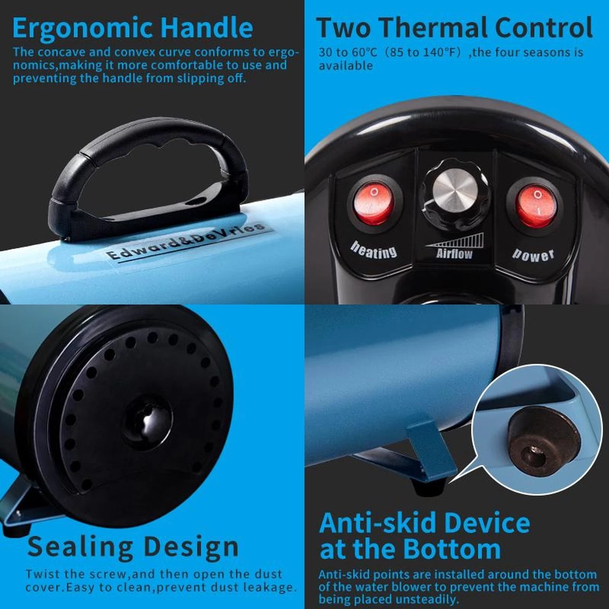 Merkloos Edward&DeVries Professionele Hondenföhn Met 4 Opzetstukken – Waterblazer Voor Honden – Stil Design – Krachtig + Extra Filter & Droogdoek - Blauw - Afbeelding 2