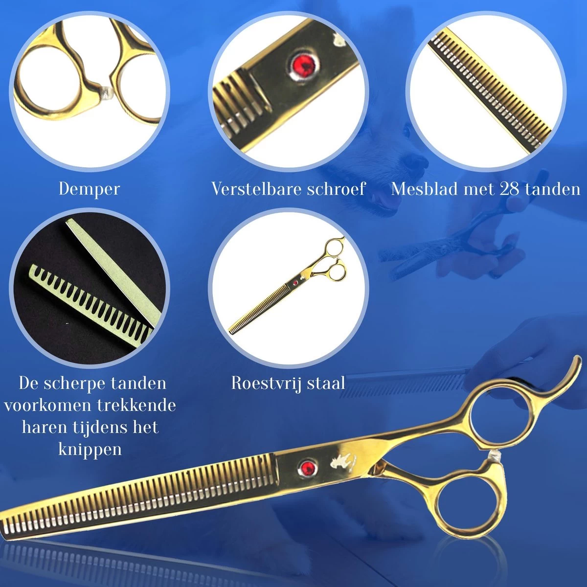 Scharenset Hond - 8-Delige Scharenset - Hondenschaar - Trimset - Trimschaar Voor Honden - Huisdier Knipset - Effileerschaar Hond - Goud - Afbeelding 2