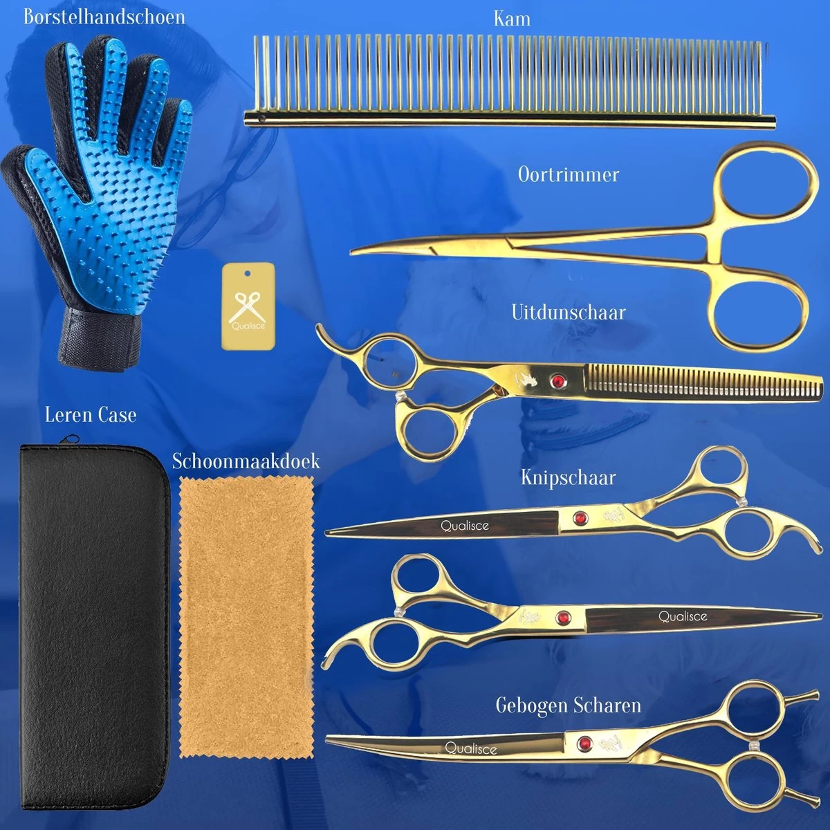Scharenset Hond - 8-Delige Scharenset - Hondenschaar - Trimset - Trimschaar Voor Honden - Huisdier Knipset - Effileerschaar Hond - Goud - Afbeelding 5