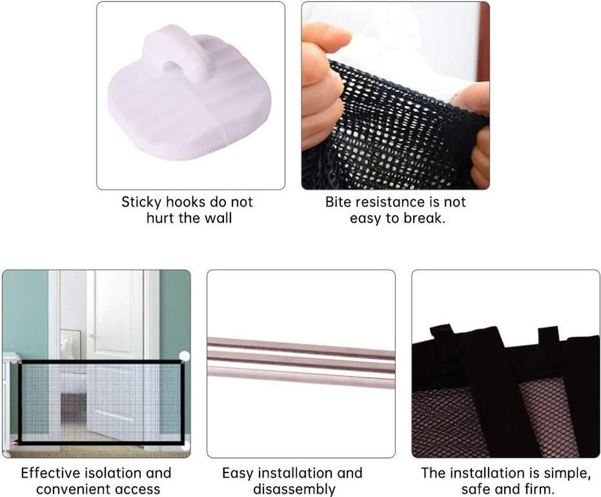 Merkloos ACE Pets – Oprolbaar Hondenrek Voor Binnen - Traphekje Hond Zonder Boren - Veiligheidshek Deurhekje - 180 X 72 Cm - Zwart - Afbeelding 6