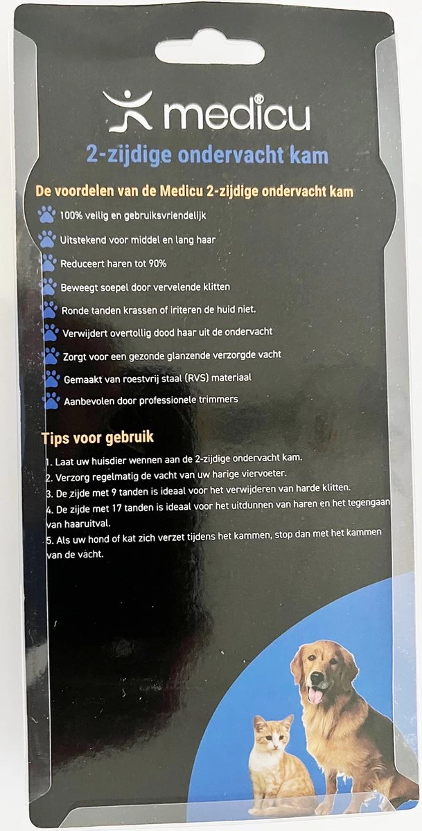 Hondenkam 2-Zijdige Voor Ondervacht - Kattenkam - Voorkomt Haaruitval - Verwijdert Klitten - MEDICU ® Premium Quality - Afbeelding 2