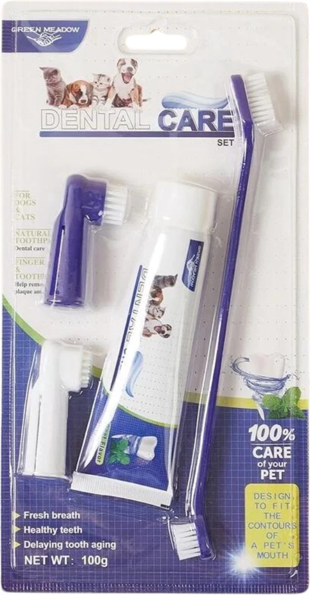 Hond En Kat Tandenborstel Verzorgingsset - Inclusief Tandpasta Met Beefsmaak - Vier Unieke Reinigingsborstels - Fluoride Vrij