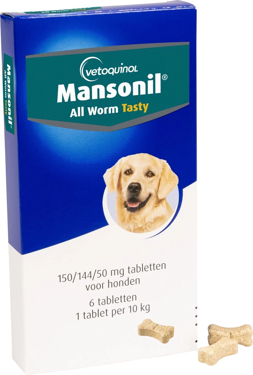 Mansonil All Worm Dog Tasty Ontwormingsmiddel (S/M Vanaf 2.5kg) - 6 Tabletten