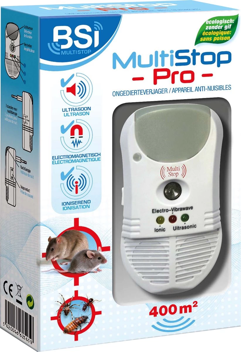BSI - Multistop Pro - Ongedierteverjager Met 3-voudige Werking: Ultrasoon + Elektromagnetisch + Ioniserend - Ongediertebestrijding - Onhoorbaar Voor Mens - Bereik Tot 300 M² - Afbeelding 7