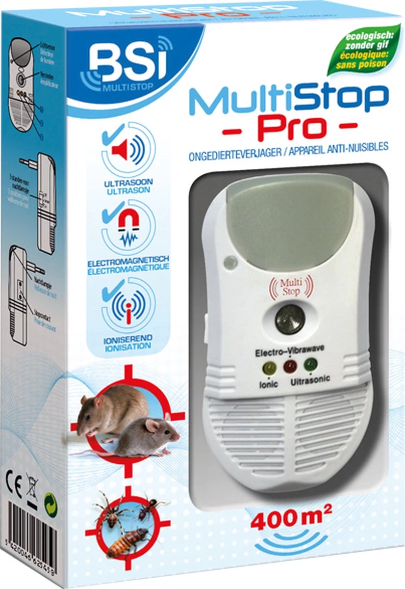 BSI - Multistop Pro - Ongedierteverjager Met 3-voudige Werking: Ultrasoon + Elektromagnetisch + Ioniserend - Ongediertebestrijding - Onhoorbaar Voor Mens - Bereik Tot 300 M² - Afbeelding 6