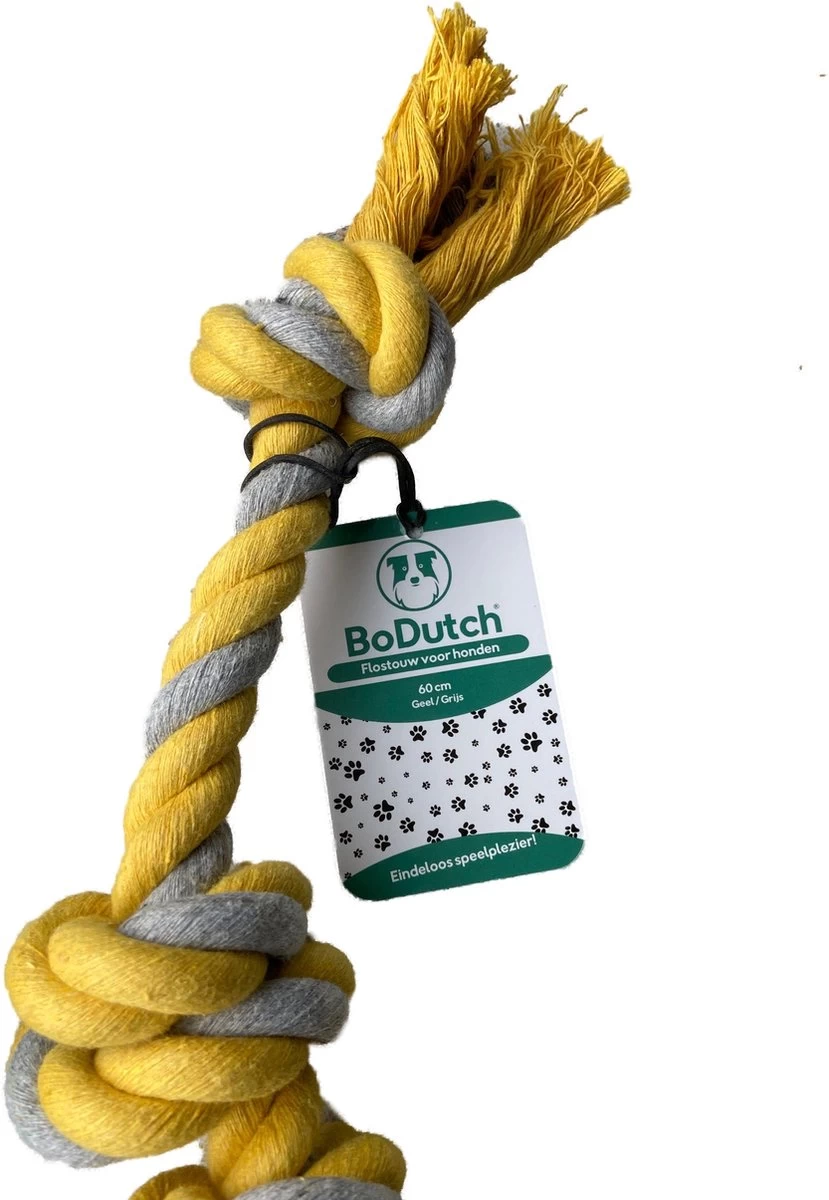 BoDutch Flostouw Hond - Hondenspeelgoed - Trektouw Hond - Hondentouw - Flostouw Hond - 60 Cm - Apporteerspeelgoed - Geel/Grijs - Afbeelding 8