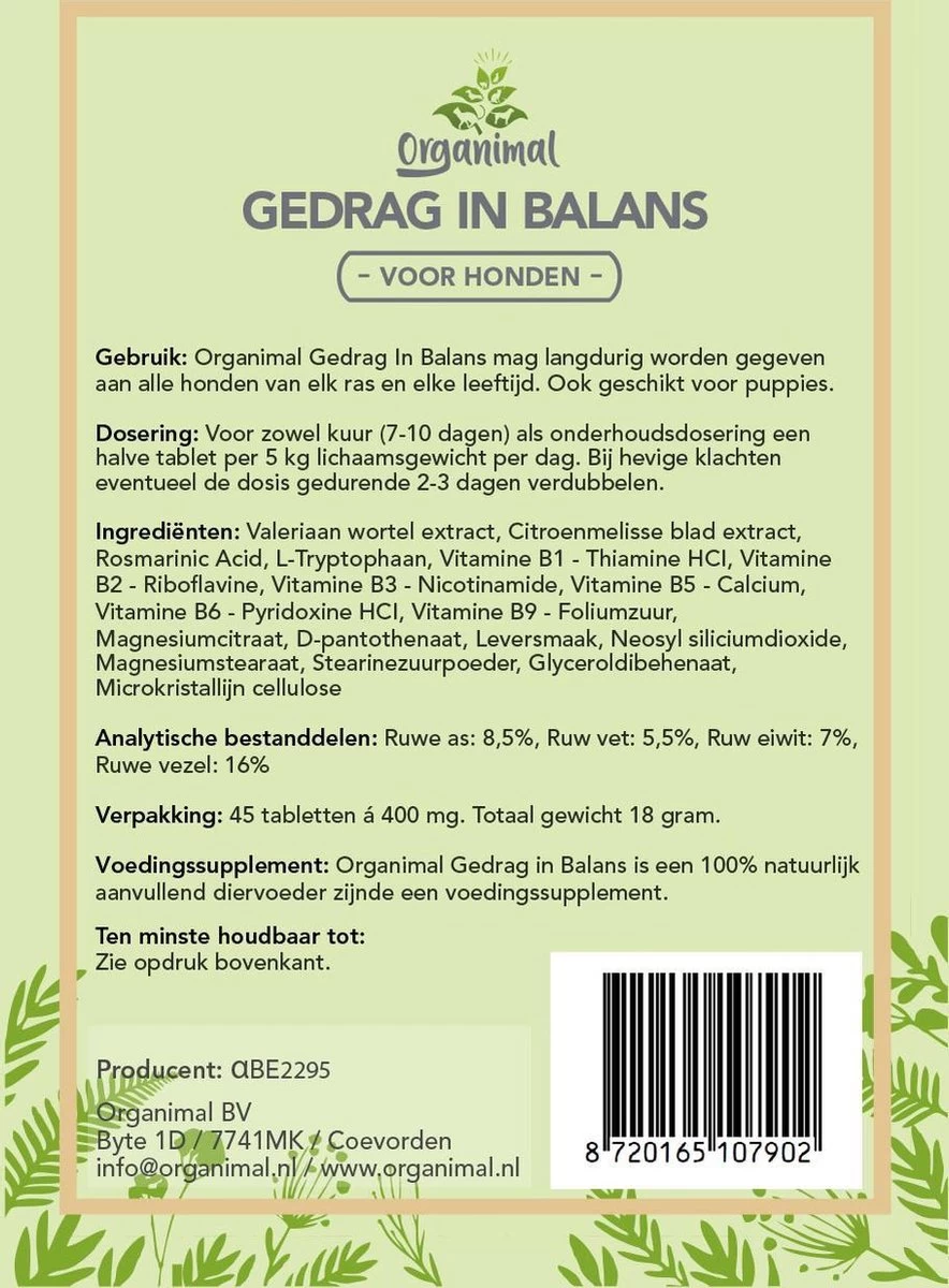 Gedrag In Balans - Hond (tot 30kg) - O.a. Bij Stress En Angst - 45 Tabletten A 400mg - Afbeelding 2