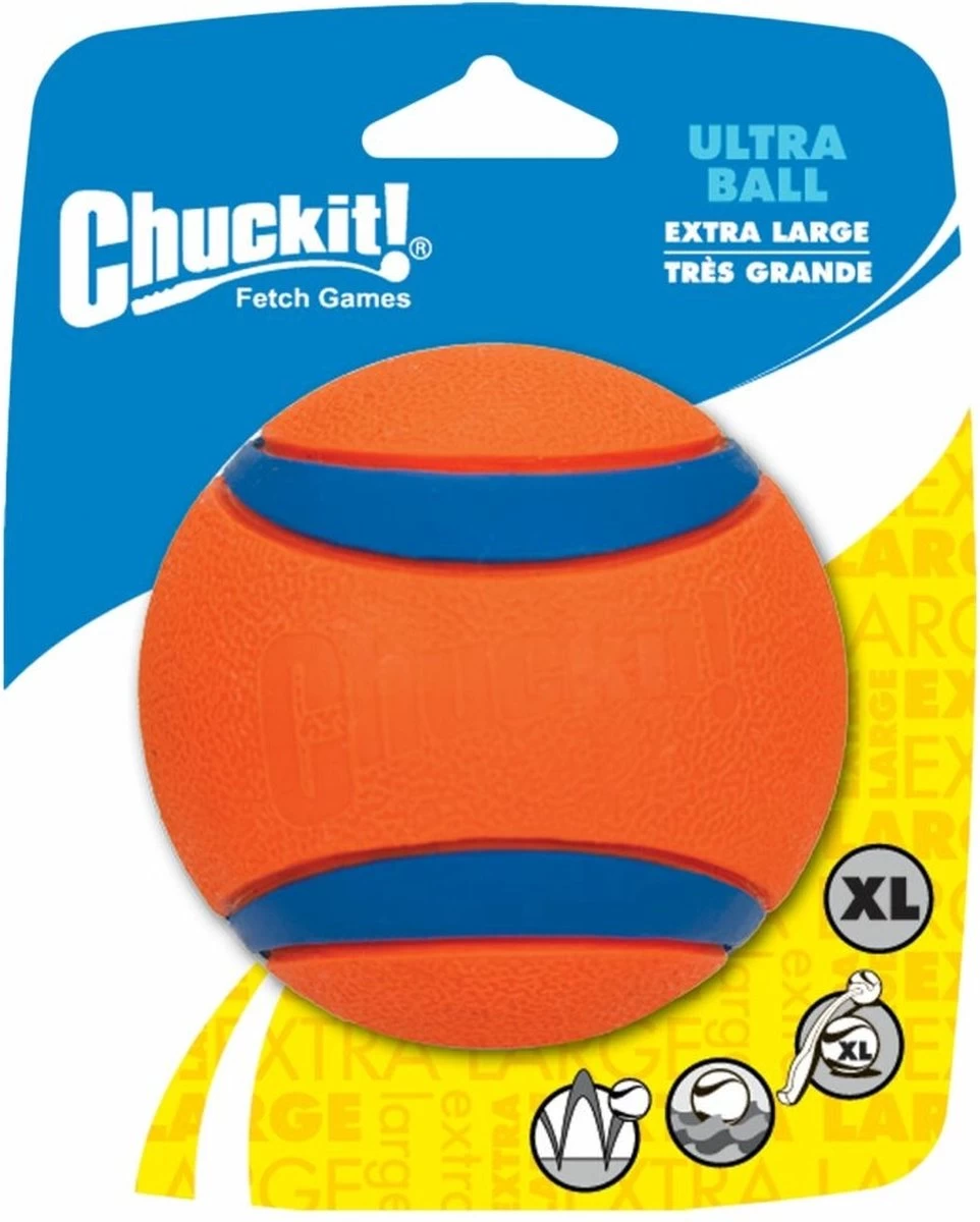 Chuckit! Ultra Ball XL – Honden Speelgoed – Ø 9 Cm – Oranje/Blauw – Apporteerspeelgoed – 1-Pack